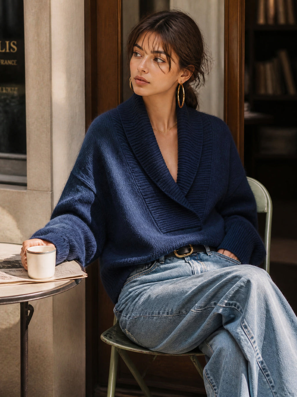 Chic Elegant Dark Blue Shawl Collar Dropped-Shoulder Long-Sleeve Loose-Fit Mohair Blend Knit Sweater