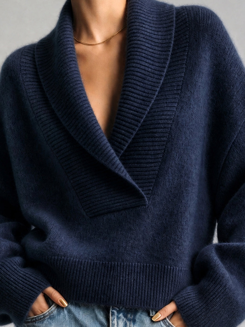 Chic Elegant Dark Blue Shawl Collar Dropped-Shoulder Long-Sleeve Loose-Fit Mohair Blend Knit Sweater