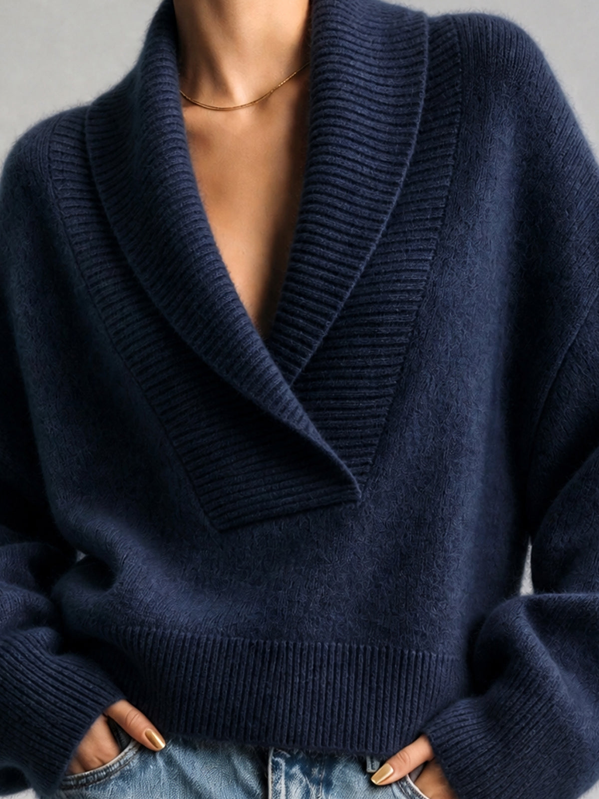 Chic Elegant Dark Blue Shawl Collar Dropped-Shoulder Long-Sleeve Loose-Fit Mohair Blend Knit Sweater