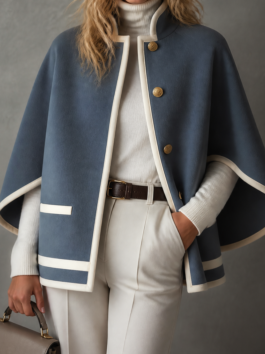 Chic Elegant Dusty Blue Stand Collar Single-Breasted Contrast Trim Loose-Fit Wool Blend Cape Coat