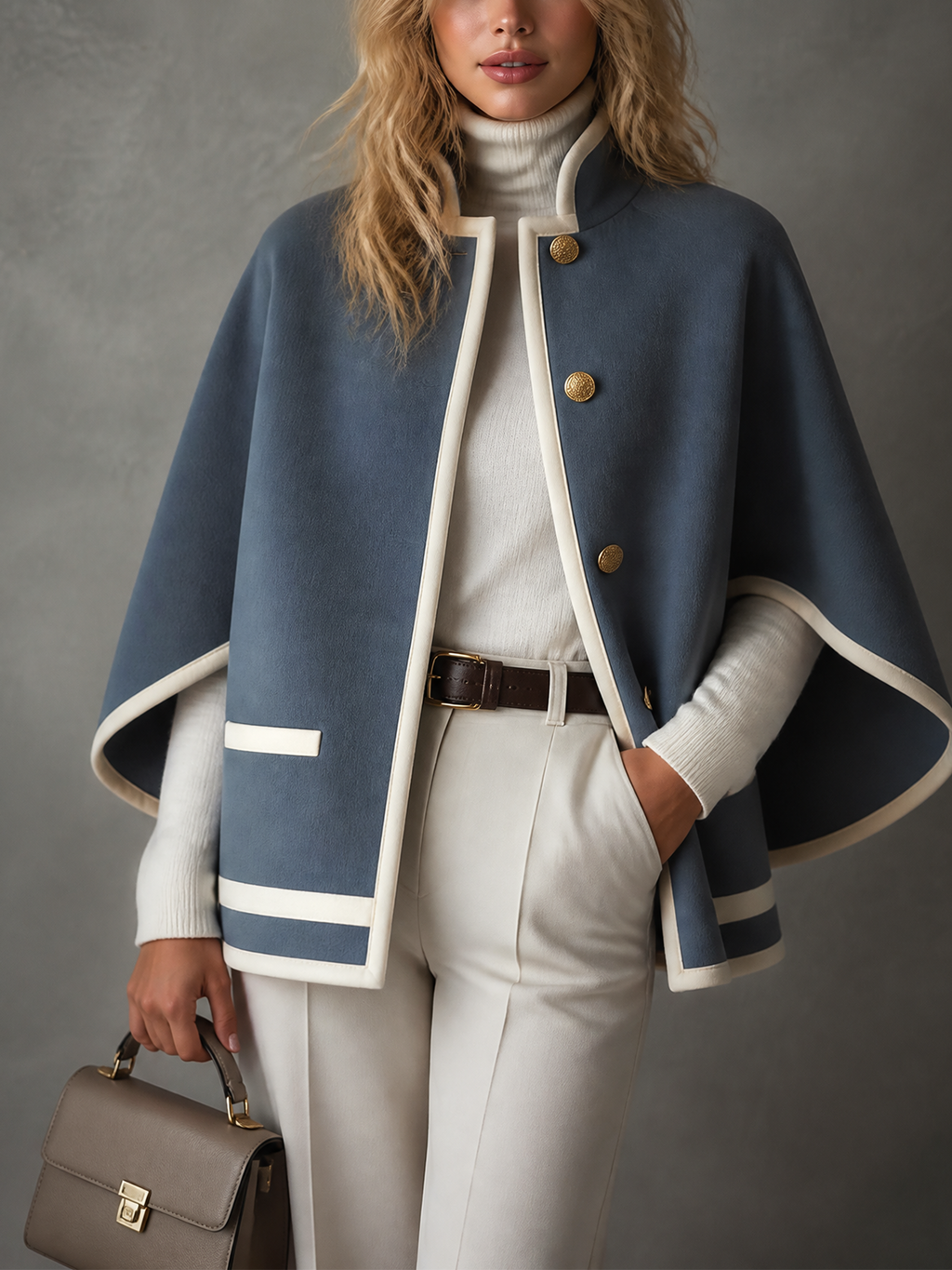 Chic Elegant Dusty Blue Stand Collar Single-Breasted Contrast Trim Loose-Fit Wool Blend Cape Coat