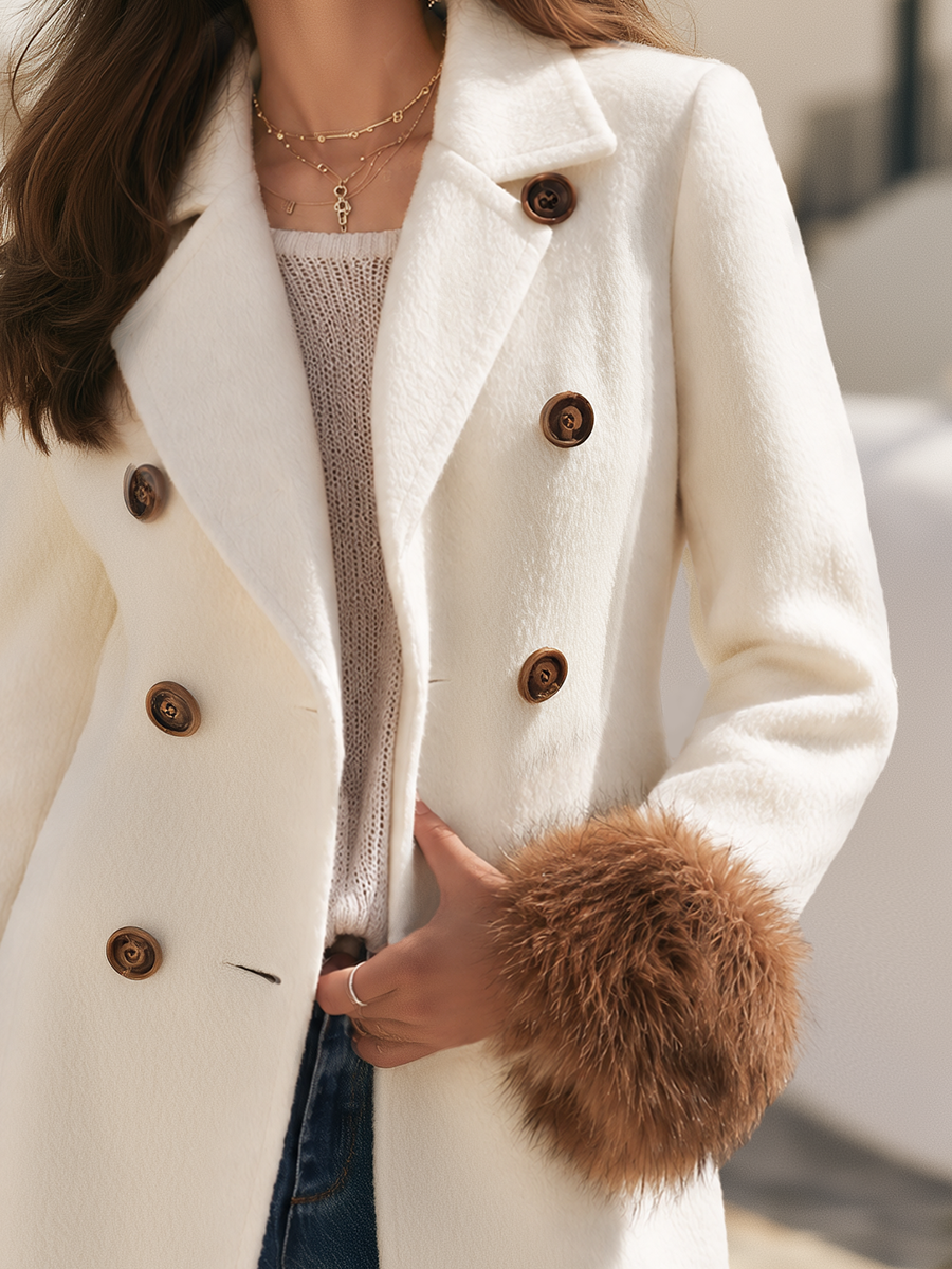 Double Breasted Imitation Wool Faux Fur Cuff Notched Lapel Tortoise Button Welt Pocket Tailored Hip Length Coat