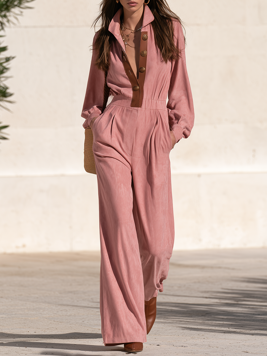 Rose Pink Faux Suede Point Collar Contrast Brown Leather Placket Antique V Neck Long Sleeve Wide Leg Side Pocket Jumpsuit