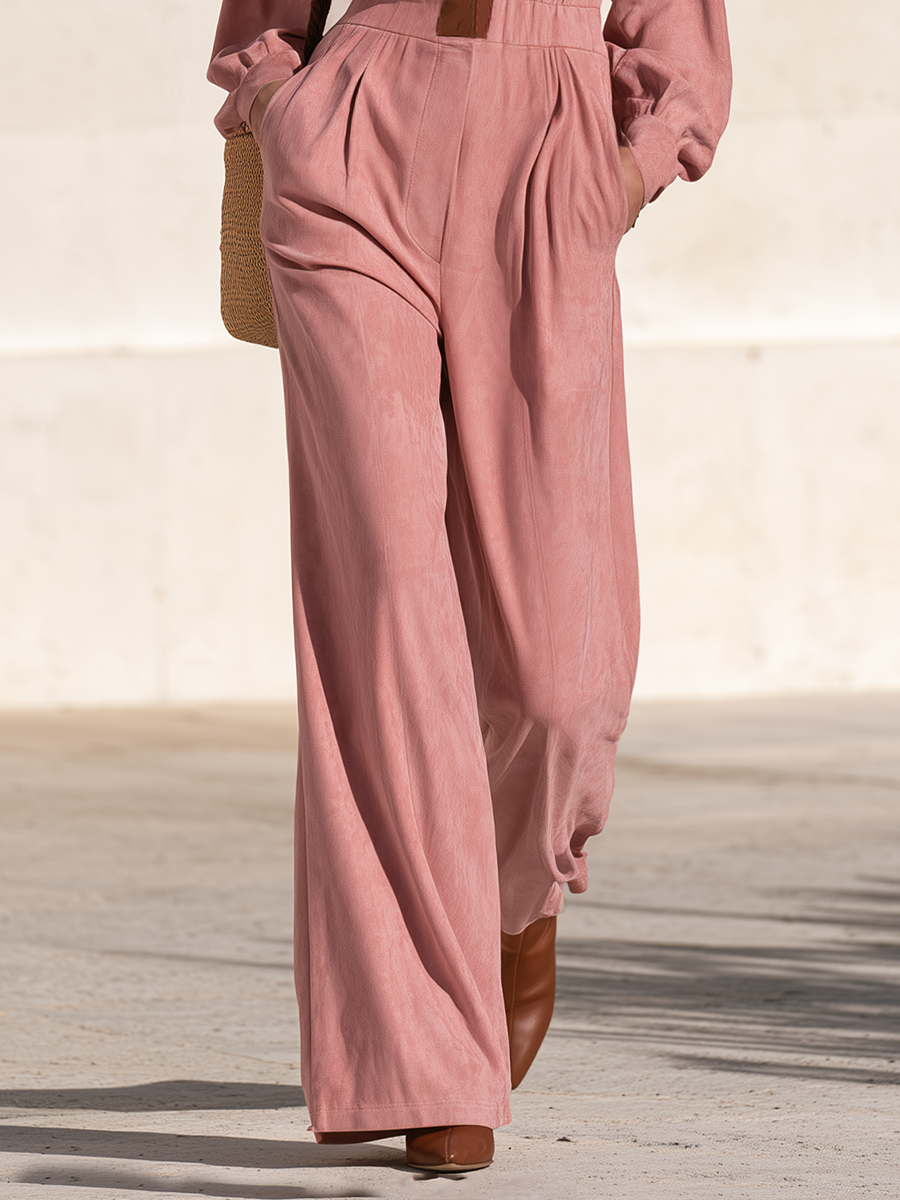 Rose Pink Faux Suede Point Collar Contrast Brown Leather Placket Antique V Neck Long Sleeve Wide Leg Side Pocket Jumpsuit