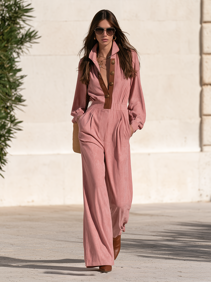 Rose Pink Faux Suede Point Collar Contrast Brown Leather Placket Antique V Neck Long Sleeve Wide Leg Side Pocket Jumpsuit