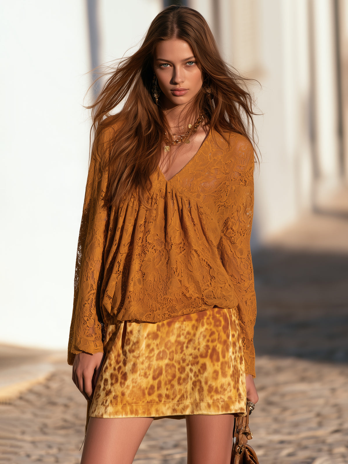 Bohemian Retro Ochre Lace V Neck Long Sleeve Top And Leopard Print Mini Skirt Set