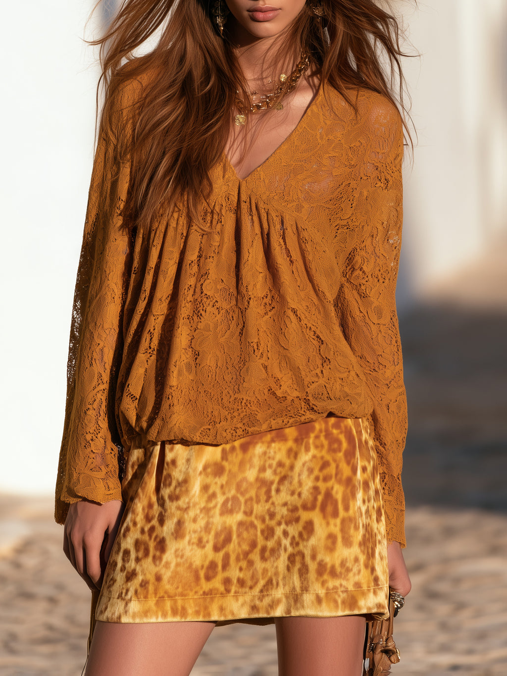 Bohemian Retro Ochre Lace V Neck Long Sleeve Top And Leopard Print Mini Skirt Set