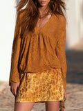 Bohemian Retro Ochre Lace V Neck Long Sleeve Top And Leopard Print Mini Skirt Set
