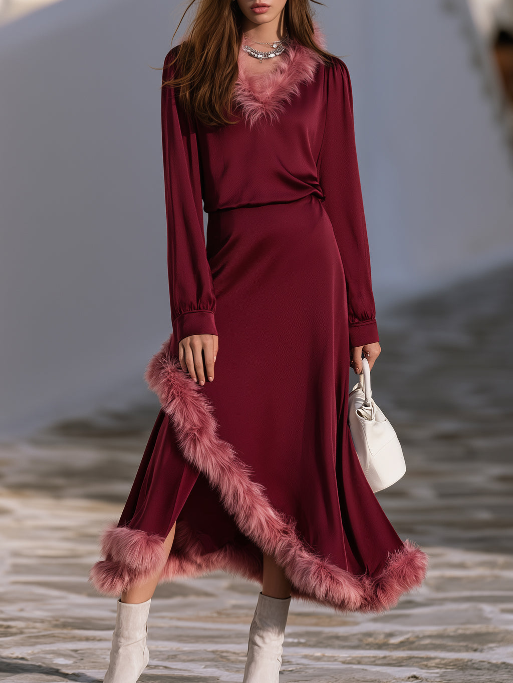 Mediterranean Old Money Burgundy Satin Fur Trim V Neck Long Sleeve Top And Midi Skirt Set