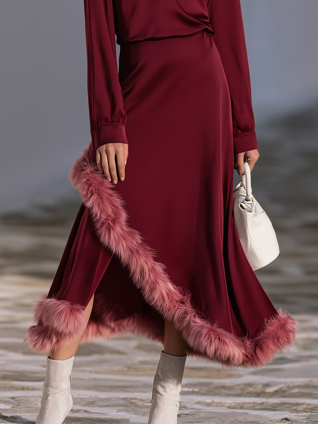 Mediterranean Old Money Burgundy Satin Fur Trim V Neck Long Sleeve Top And Midi Skirt Set