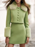 Old Money Style Mint Green Faux Fur Trim Cropped Jacket And Mini Skirt Tweed Set