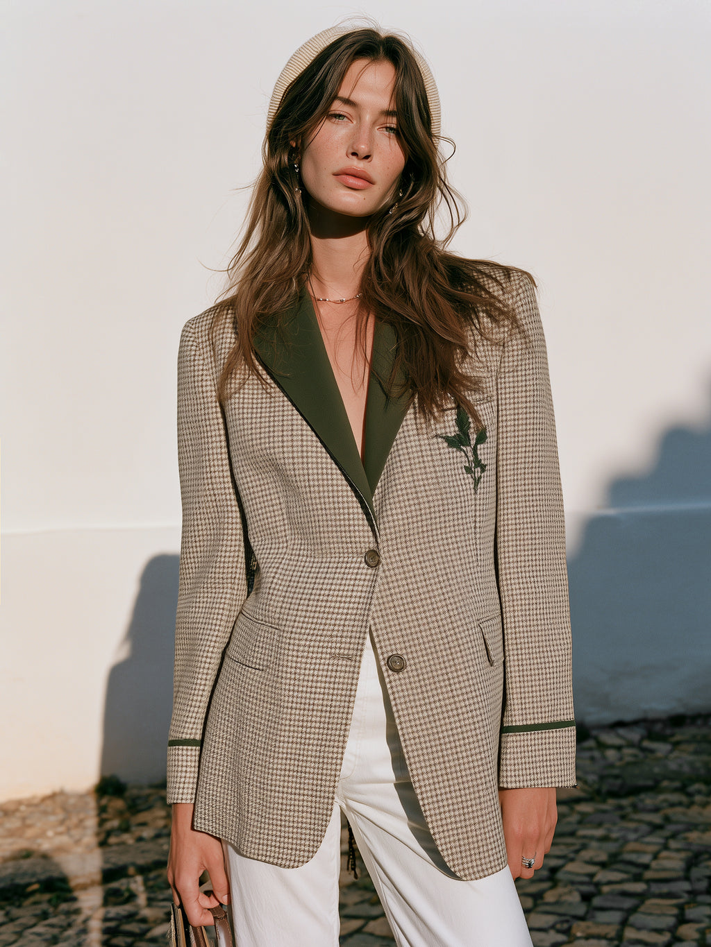 Old Money Style Houndstooth Contrast Green Lapel Floral Embroidery Single‑Breasted Blazer