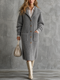 Chic Casual Gray Lapel Collar Single-Breasted Long-Sleeve Patch Pockets Loose-Fit Chunky Knit Midi Cardigan