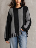 Chic Casual Gray-Black Colorblock Round-Neck Long-Sleeve Fringe Detail Loose-Fit Wool Blend Knit Sweater