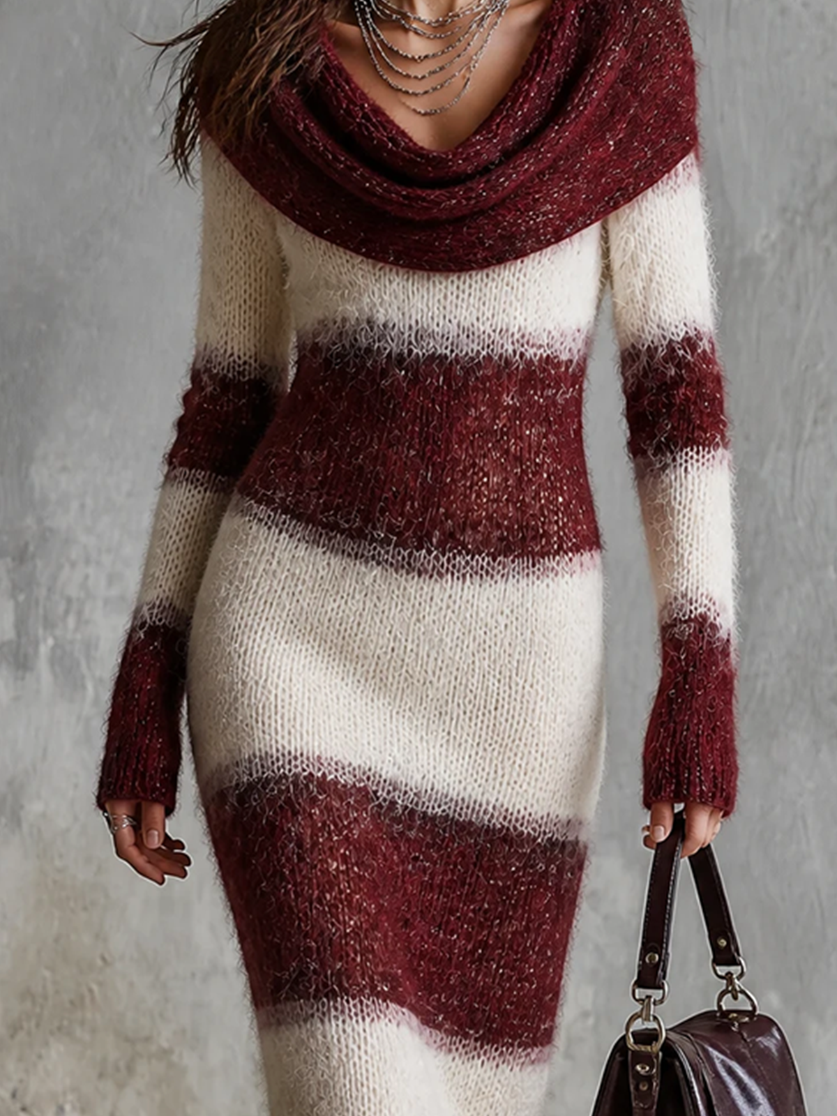 Chic Elegant White-Burgundy Stripes Cowl Neck Long-Sleeve Slim-Fit Fuzzy Mohair Blend Knit Midi Dress