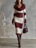 Chic Elegant White-Burgundy Stripes Cowl Neck Long-Sleeve Slim-Fit Fuzzy Mohair Blend Knit Midi Dress