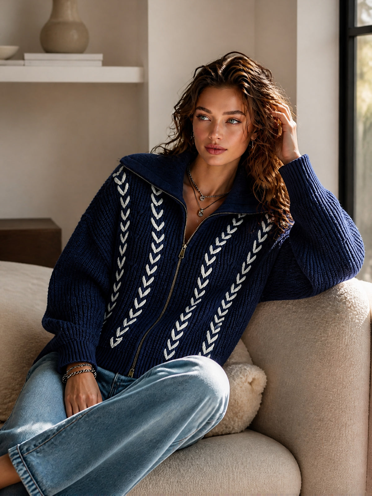 Chic Casual Navy Blue Lapel Collar Long-Sleeve White Trim Detail Zipper-Front Loose-Fit Wool Blend Knit Cardigan