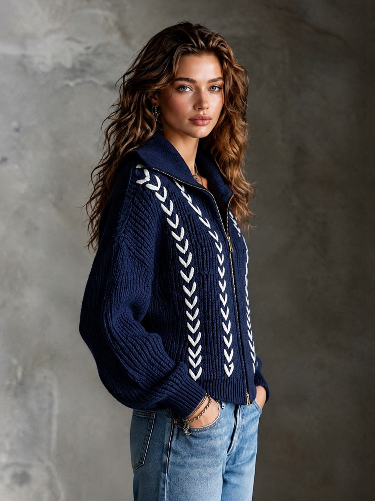 Chic Casual Navy Blue Lapel Collar Long-Sleeve White Trim Detail Zipper-Front Loose-Fit Wool Blend Knit Cardigan
