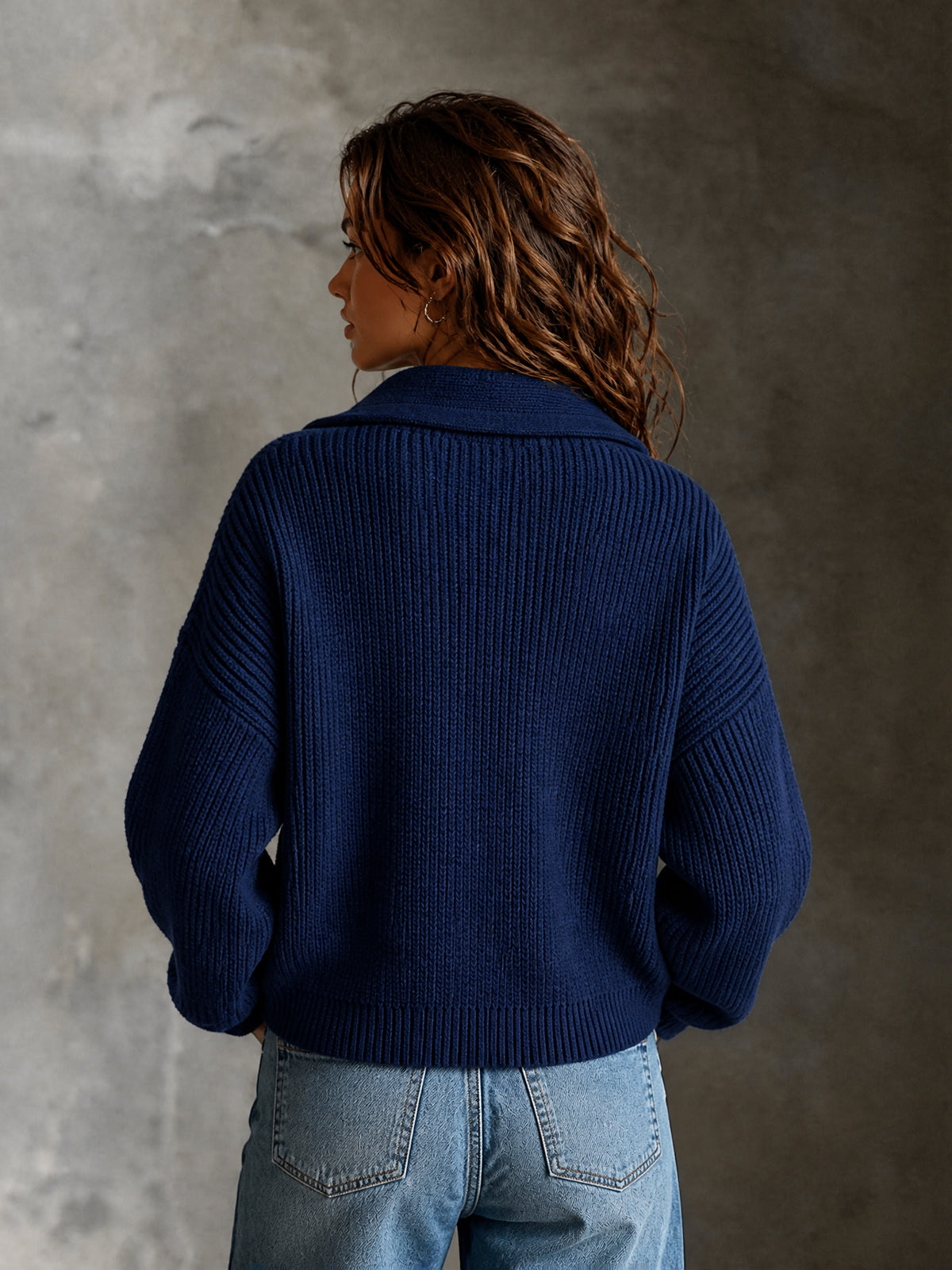 Chic Casual Navy Blue Lapel Collar Long-Sleeve White Trim Detail Zipper-Front Loose-Fit Wool Blend Knit Cardigan