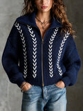 Chic Casual Navy Blue Lapel Collar Long-Sleeve White Trim Detail Zipper-Front Loose-Fit Wool Blend Knit Cardigan
