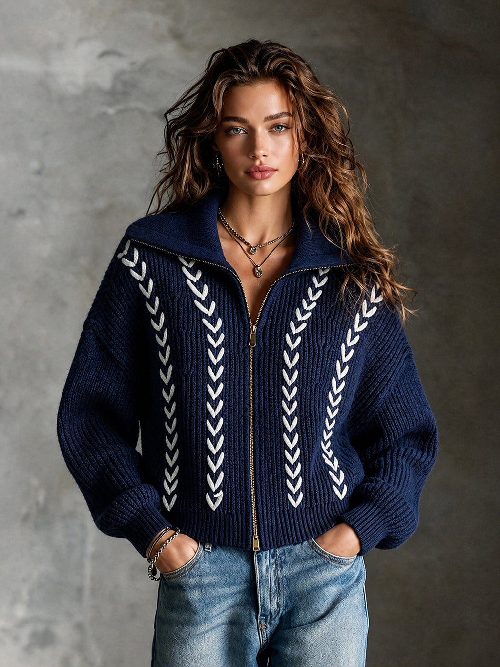 Chic Casual Navy Blue Lapel Collar Long-Sleeve White Trim Detail Zipper-Front Loose-Fit Wool Blend Knit Cardigan
