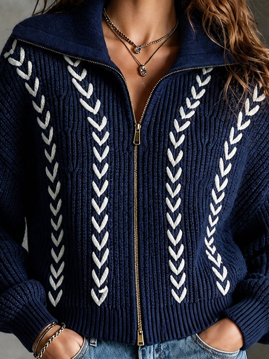 Chic Casual Navy Blue Lapel Collar Long-Sleeve White Trim Detail Zipper-Front Loose-Fit Wool Blend Knit Cardigan