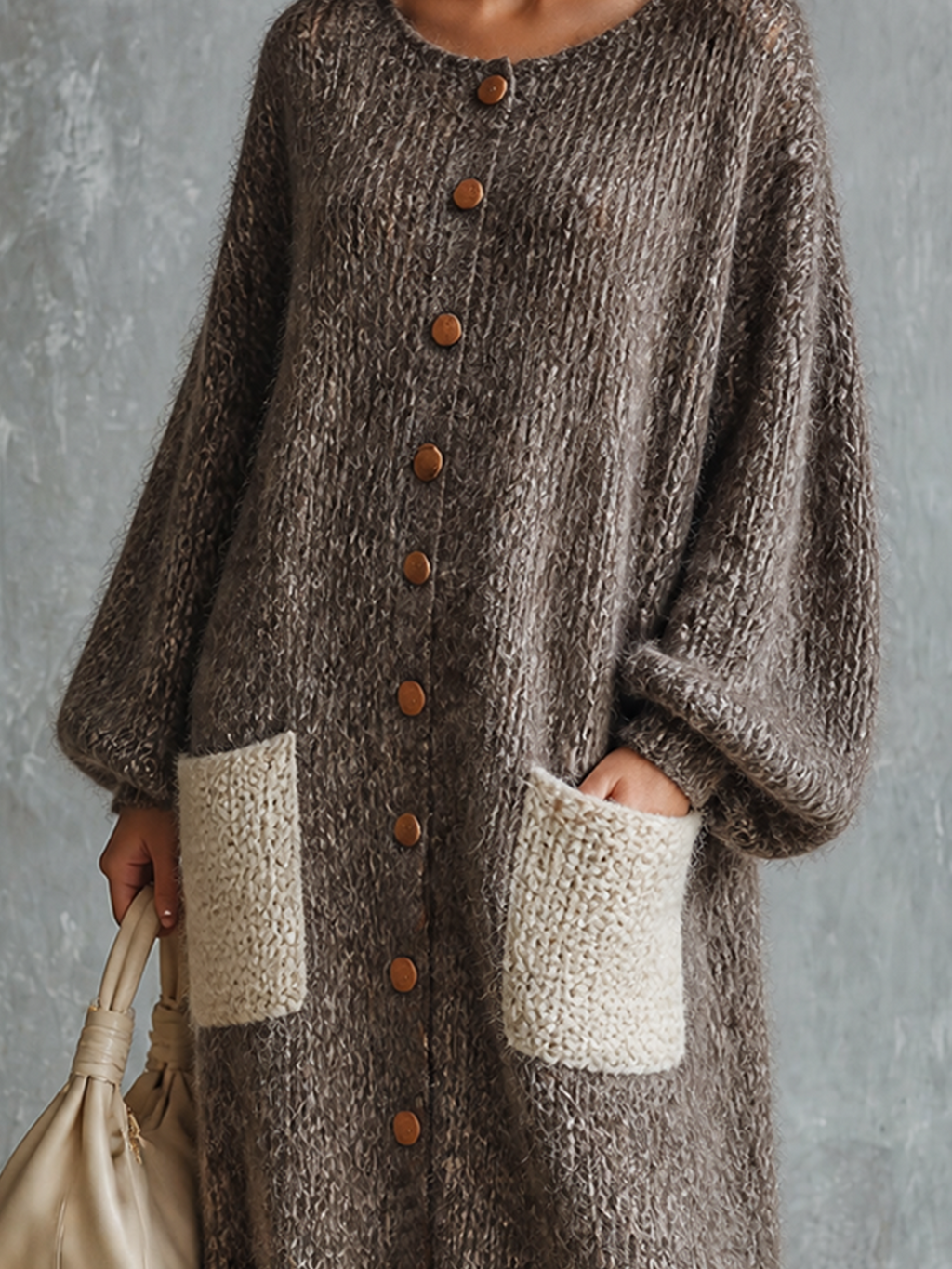 Chic Casual Heather Taupe Round Neck Single-Breasted Long-Sleeve Contrast Patch Pockets Loose-Fit Fuzzy Knit Midi Dress