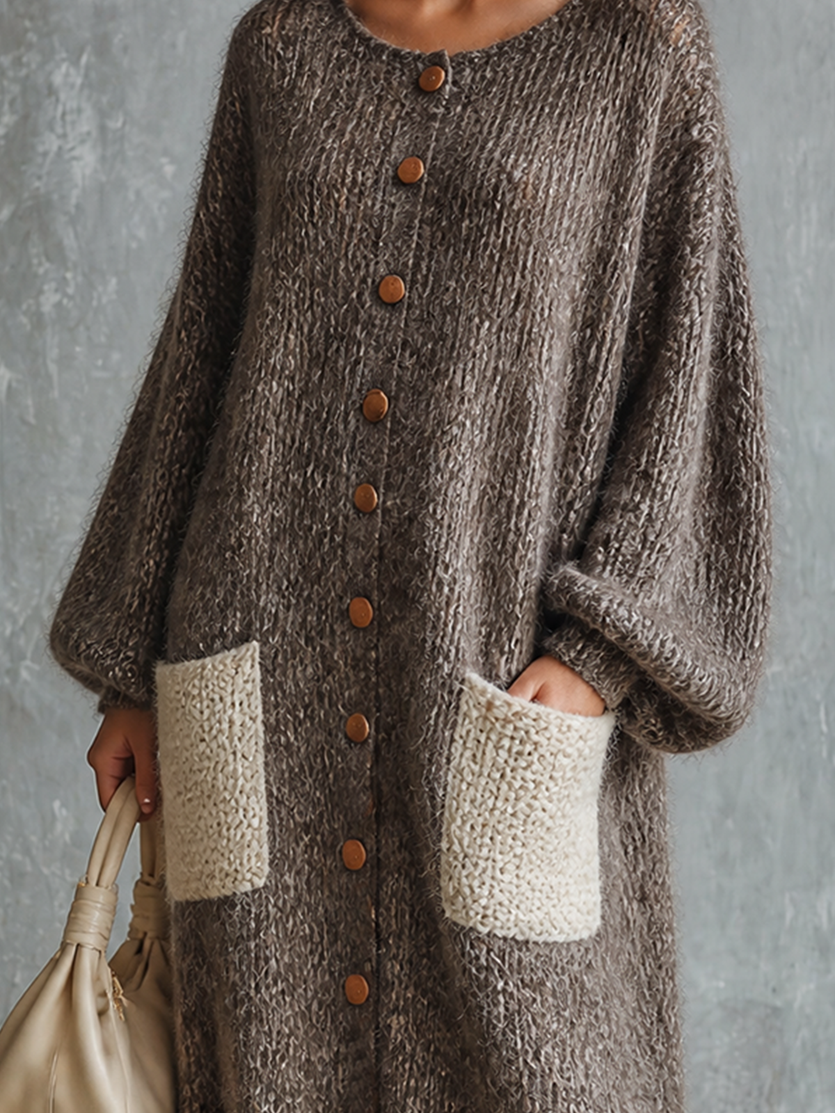 Chic Casual Heather Taupe Round Neck Single-Breasted Long-Sleeve Contrast Patch Pockets Loose-Fit Fuzzy Knit Midi Dress