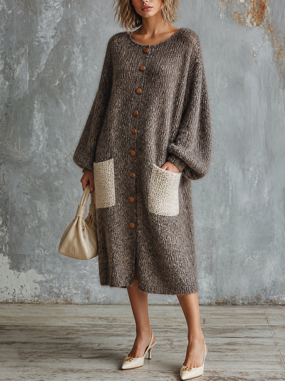 Chic Casual Heather Taupe Round Neck Single-Breasted Long-Sleeve Contrast Patch Pockets Loose-Fit Fuzzy Knit Midi Dress