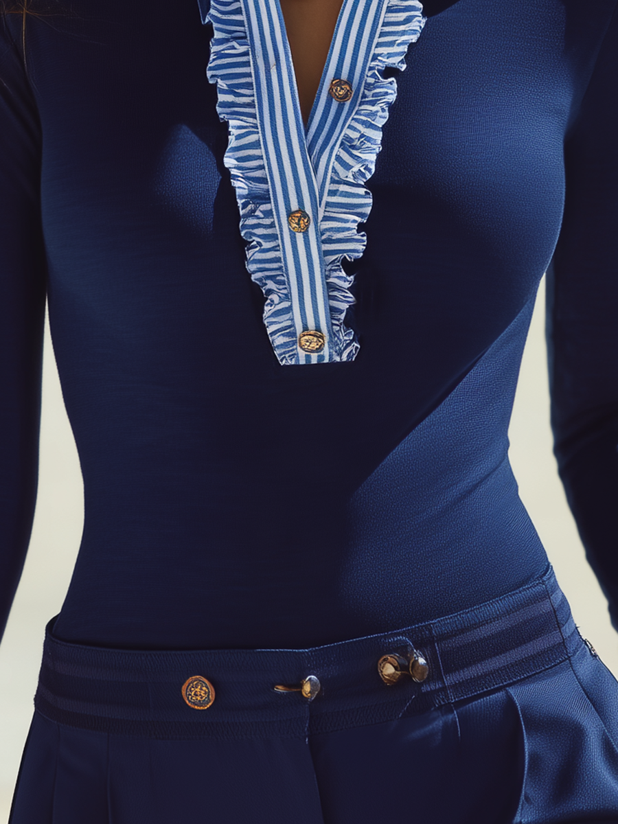 Resort Style Striped Collared Long-Sleeved Top