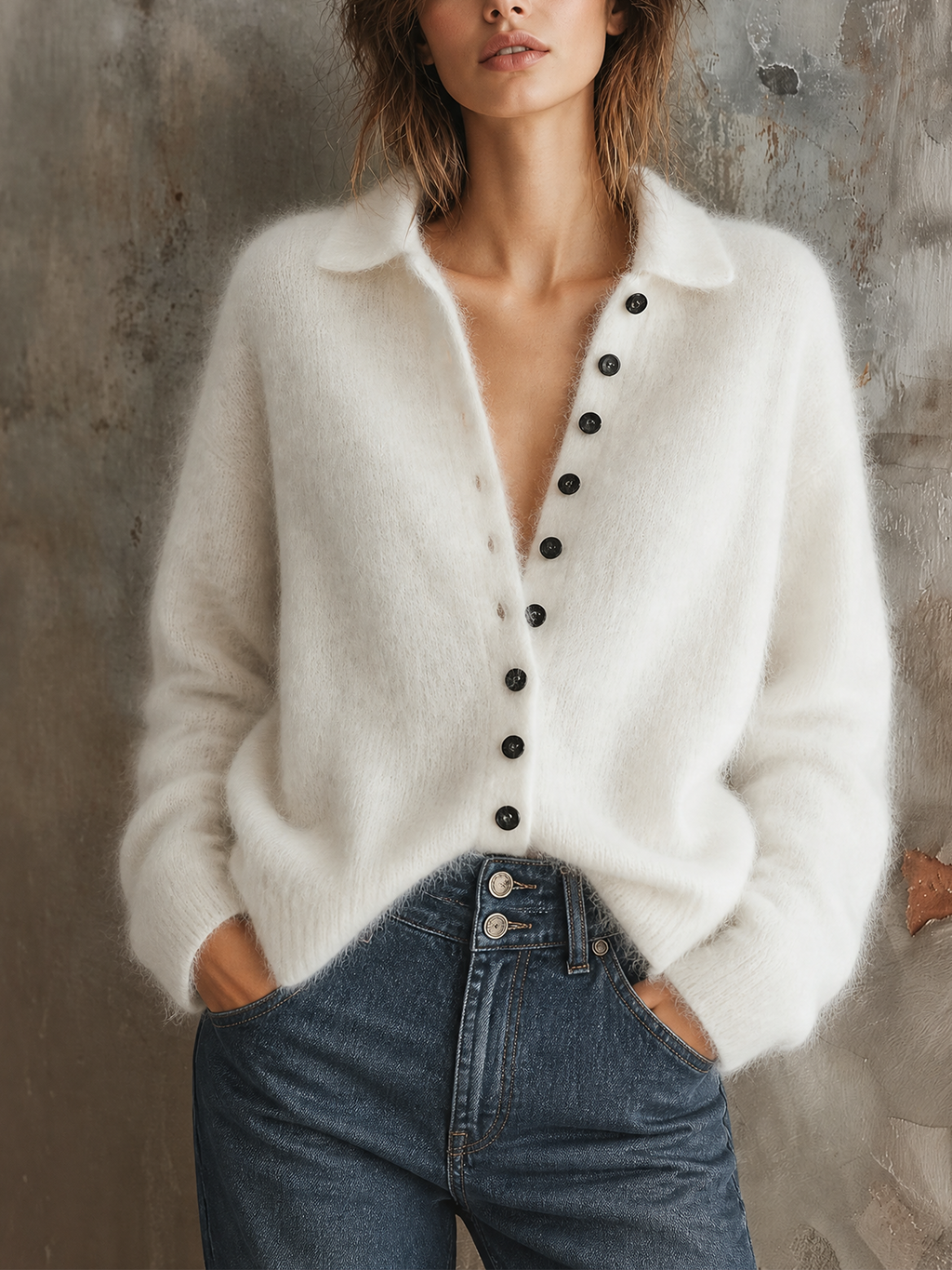 Chic Casual White Lapel Collar Single-Breasted Long-Sleeve Loose-Fit Fuzzy Mohair Blend Knit Cardigan