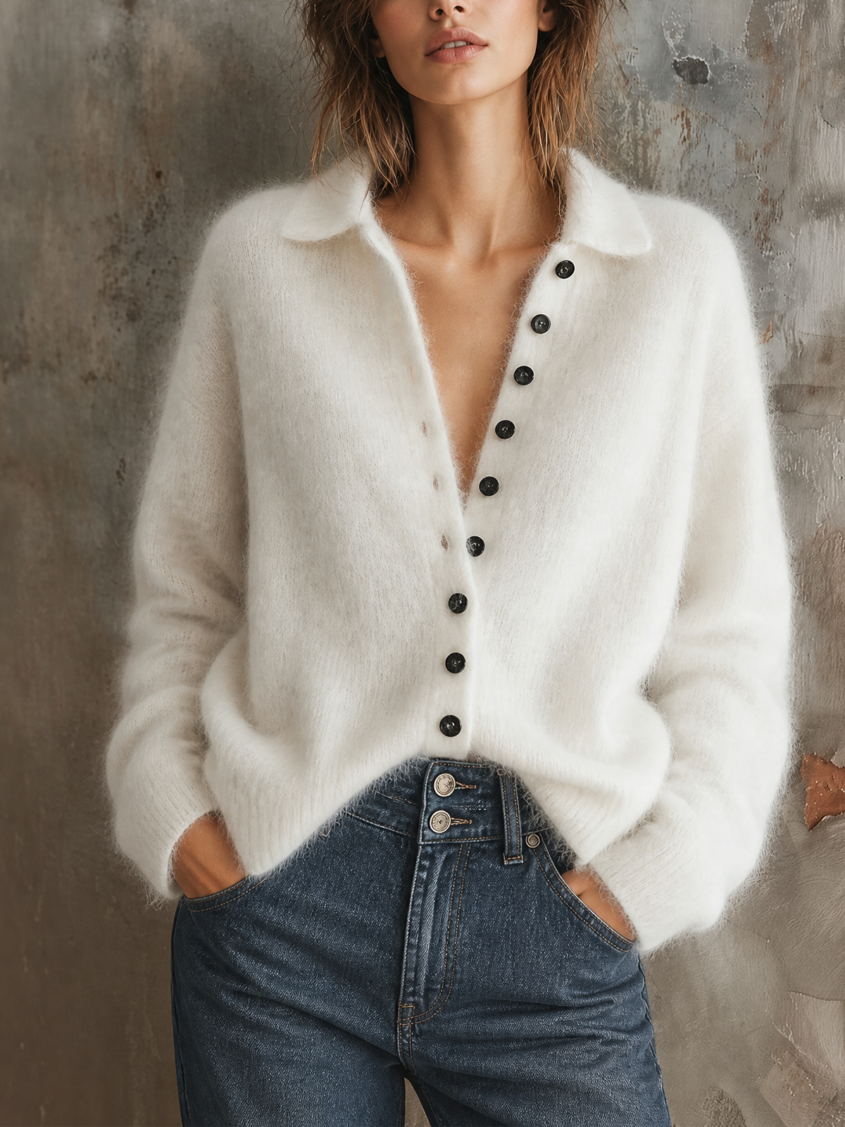 Chic Casual White Lapel Collar Single-Breasted Long-Sleeve Loose-Fit Fuzzy Mohair Blend Knit Cardigan