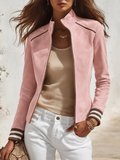 Striped Cuffs Pink Faux Suede Moto Jacket With