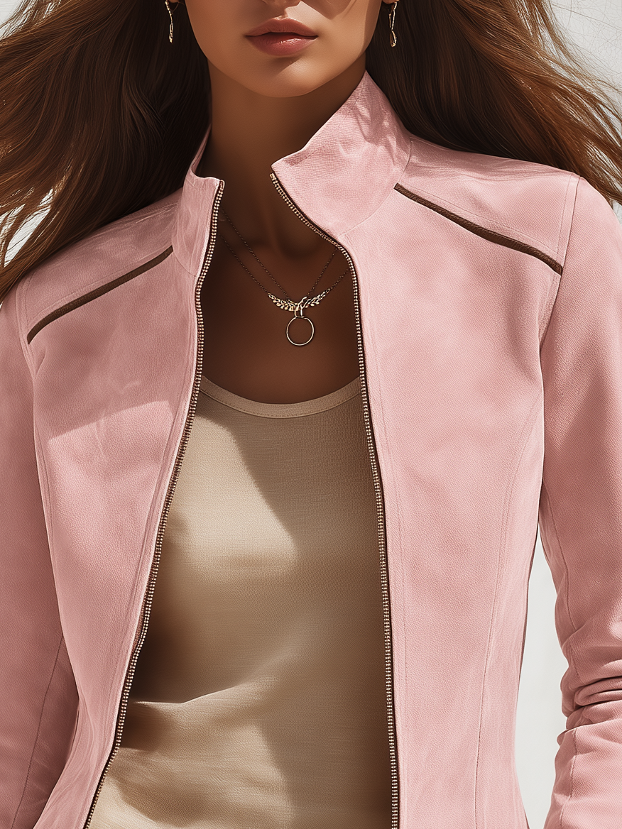 Striped Cuffs Pink Faux Suede Moto Jacket With