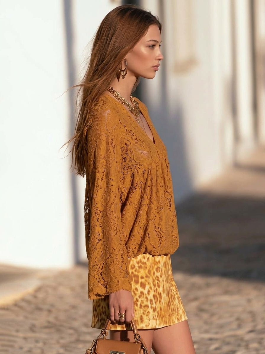 Bohemian Retro Ochre Lace V Neck Long Sleeve Top And Leopard Print Mini Skirt Set