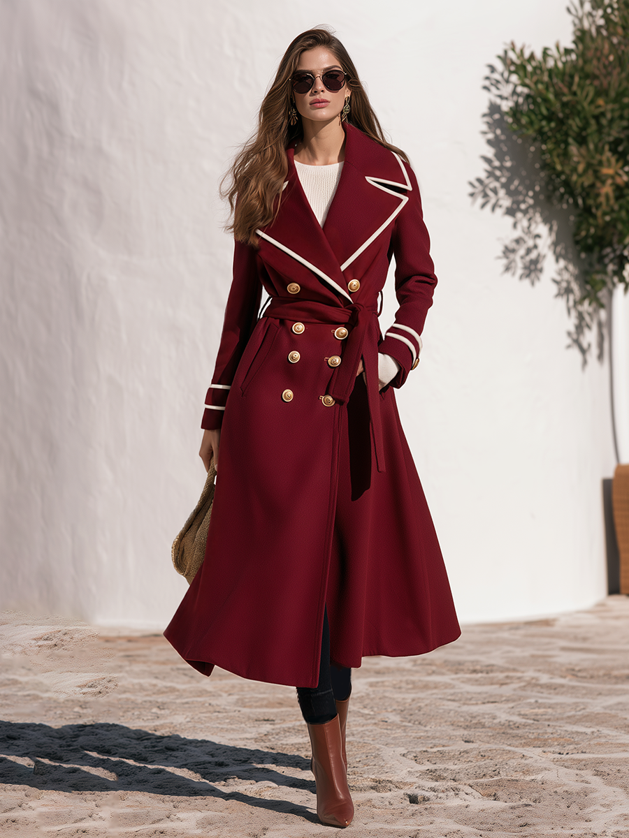 Contrast-Piped Notch Lapel Double-Breasted Gold-Button Belted Wool-Blend Longline Coat