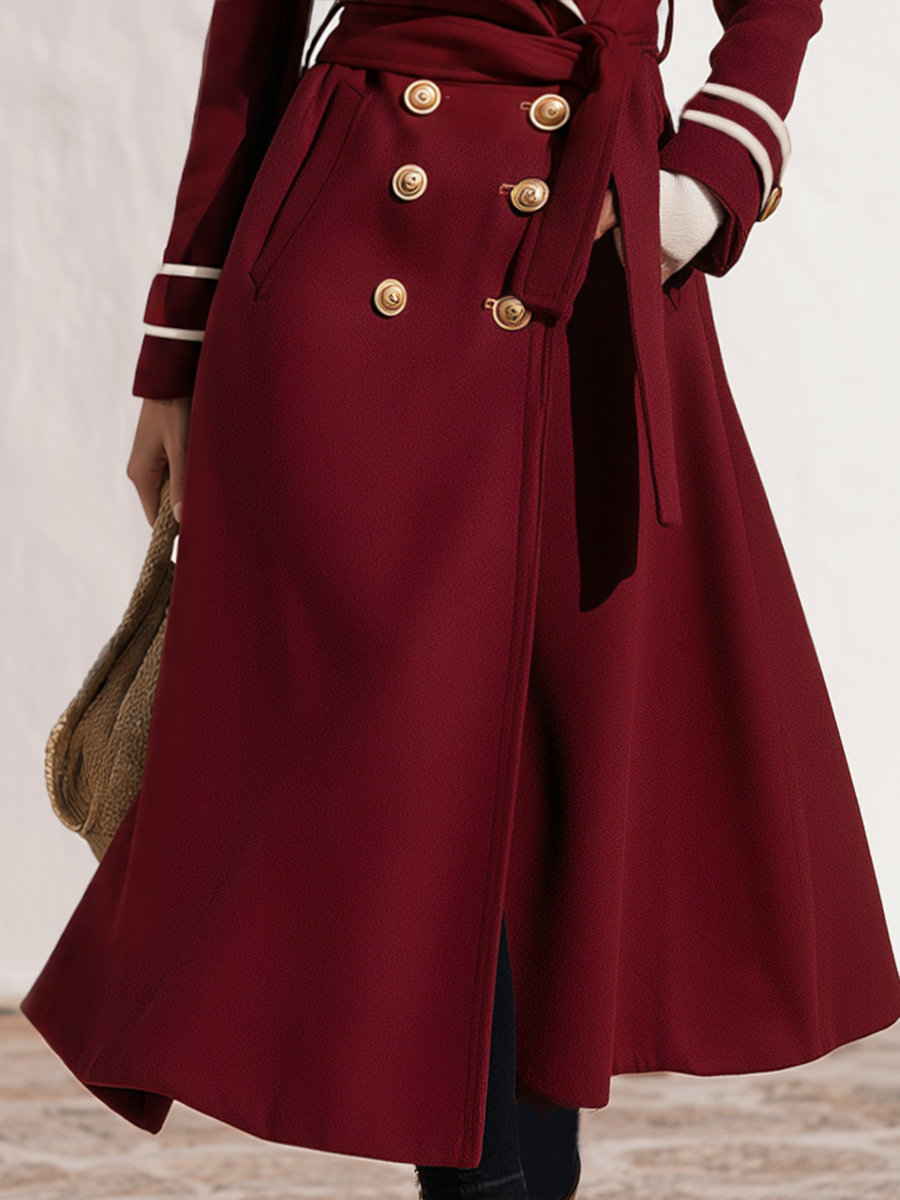 Contrast-Piped Notch Lapel Double-Breasted Gold-Button Belted Wool-Blend Longline Coat