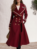 Contrast-Piped Notch Lapel Double-Breasted Gold-Button Belted Wool-Blend Longline Coat