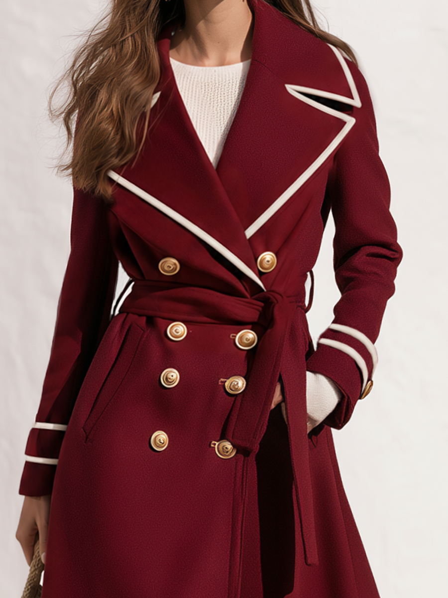 Contrast-Piped Notch Lapel Double-Breasted Gold-Button Belted Wool-Blend Longline Coat