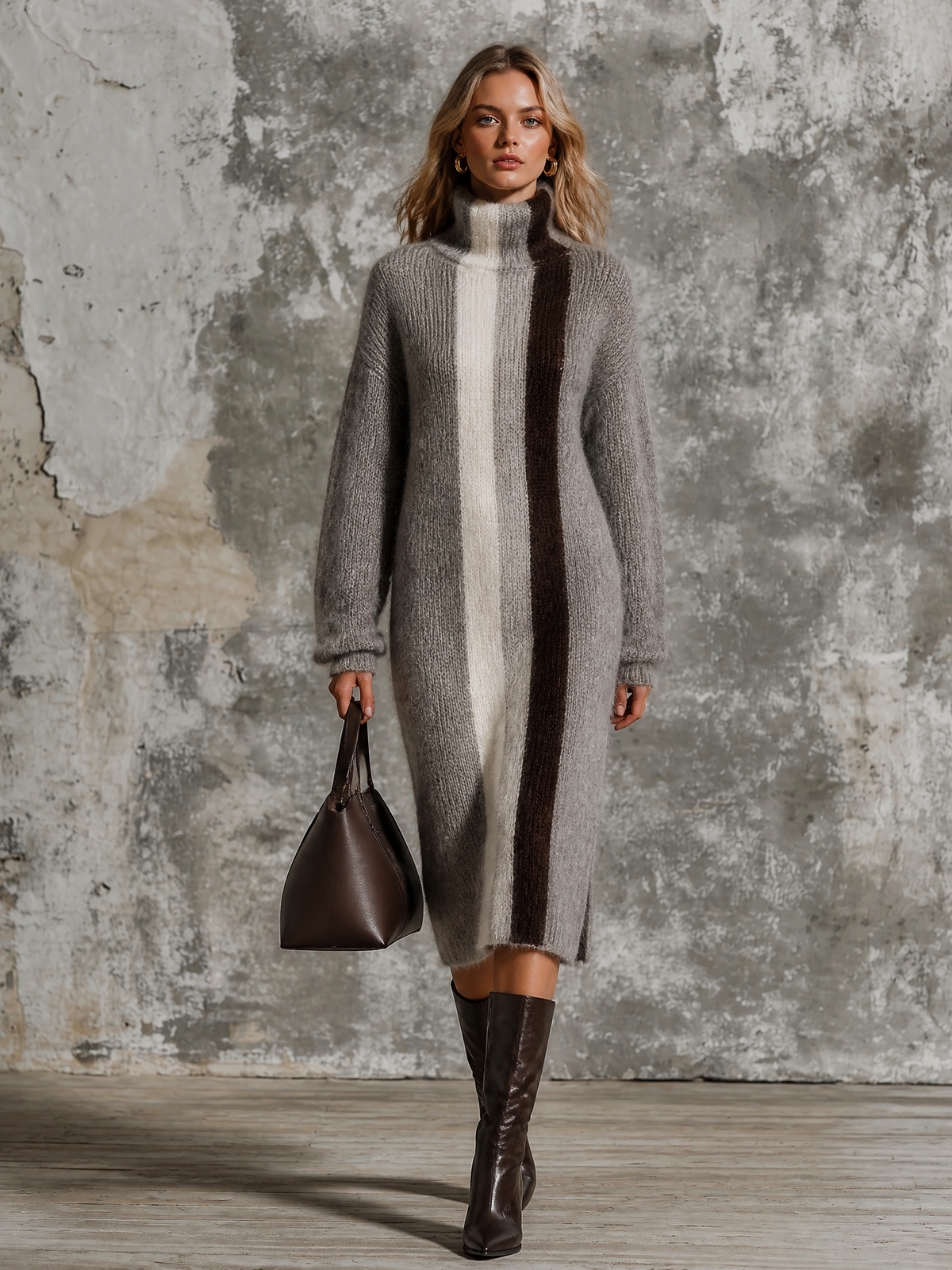 Chic Elegant Heather Grey Turtleneck Contrast Trim Stripes Long-Sleeve Loose-Fit Fuzzy Knit Midi Dress