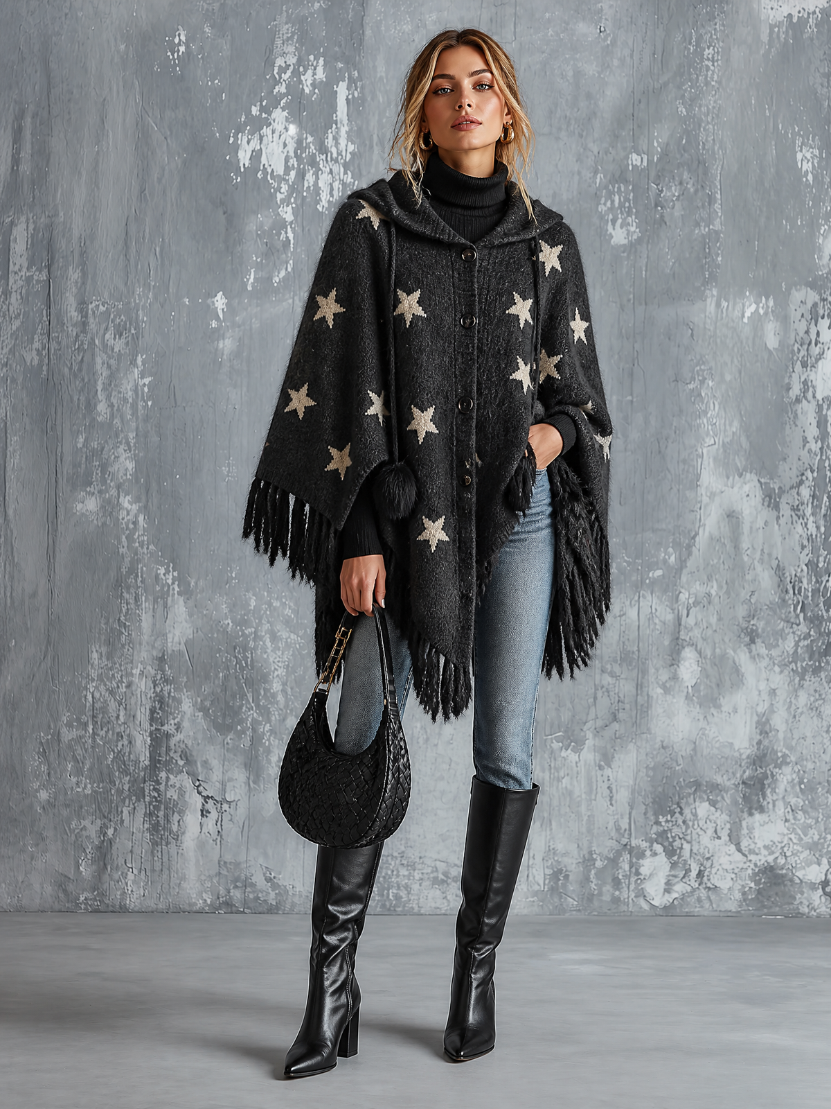 Chic Casual Charcoal Black Hooded Star Jacquard Single-Breasted Batwing Sleeve Fringe Hem Loose-Fit Knit Cape Cardigan