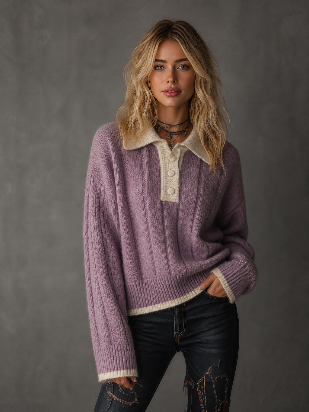 Chic Casual Lavender Lapel Collar Half Button Cream Contrast Trim Drop Shoulder Long Sleeve Loose-Fit Knit Sweater