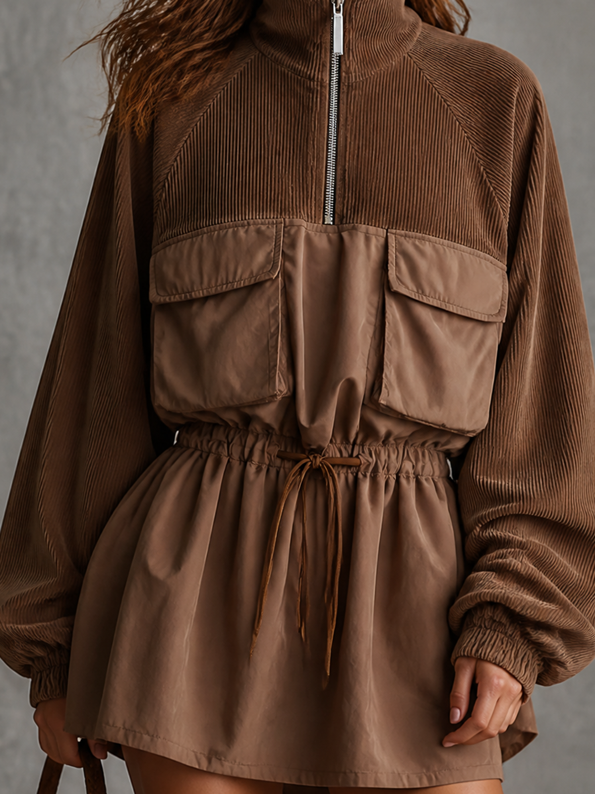Chic Casual Brown Stand Collar Half Zip Raglan Long Sleeve Patch Pocket Drawstring Waist Loose-Fit Woven Fabric Mini Dress