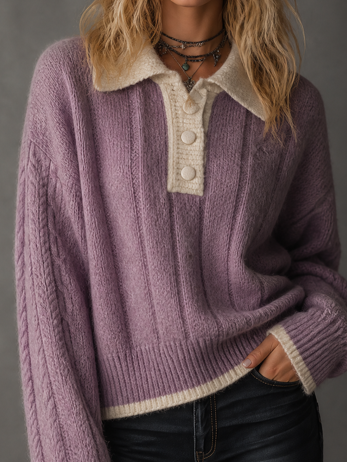 Chic Casual Lavender Lapel Collar Half Button Cream Contrast Trim Drop Shoulder Long Sleeve Loose-Fit Knit Sweater
