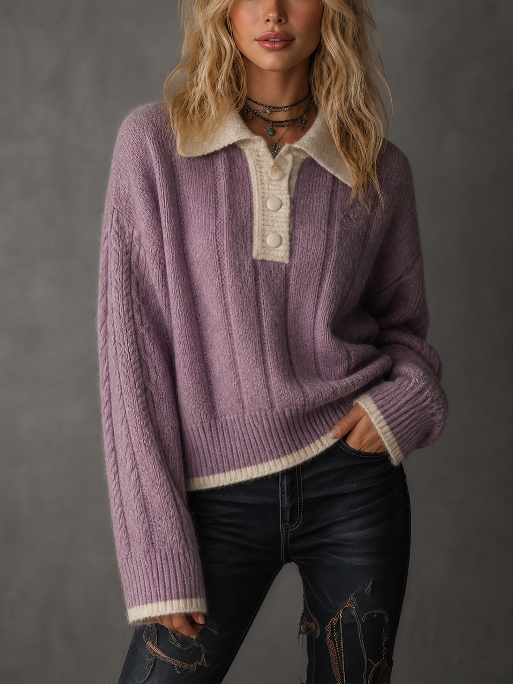 Chic Casual Lavender Lapel Collar Half Button Cream Contrast Trim Drop Shoulder Long Sleeve Loose-Fit Knit Sweater