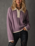 Chic Casual Lavender Lapel Collar Half Button Cream Contrast Trim Drop Shoulder Long Sleeve Loose-Fit Knit Sweater