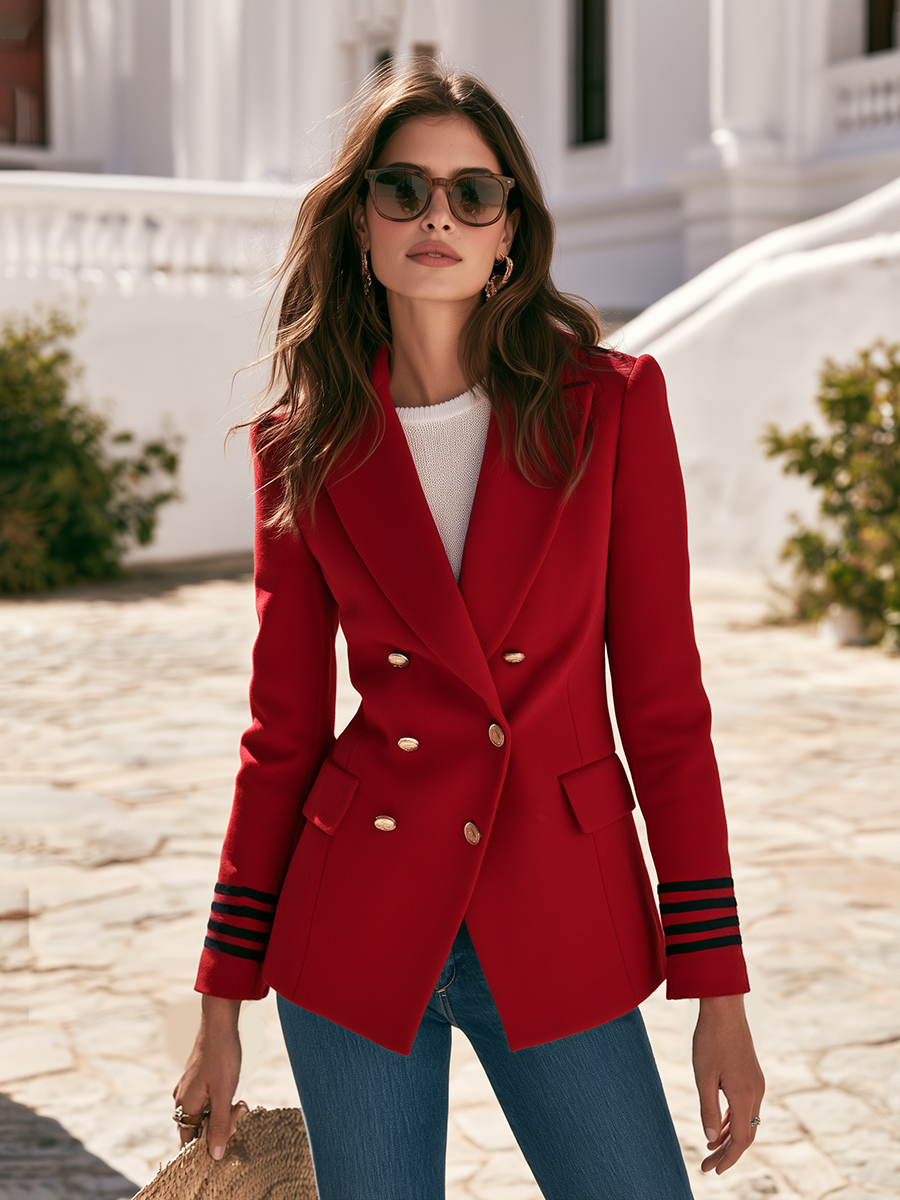 Contrast Stripe Cuff Peak Lapel Double-Breasted Gold Button Nipped-Waist Blazer