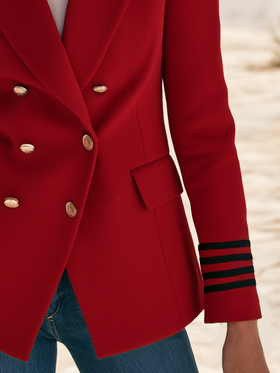 Contrast Stripe Cuff Peak Lapel Double-Breasted Gold Button Nipped-Waist Blazer
