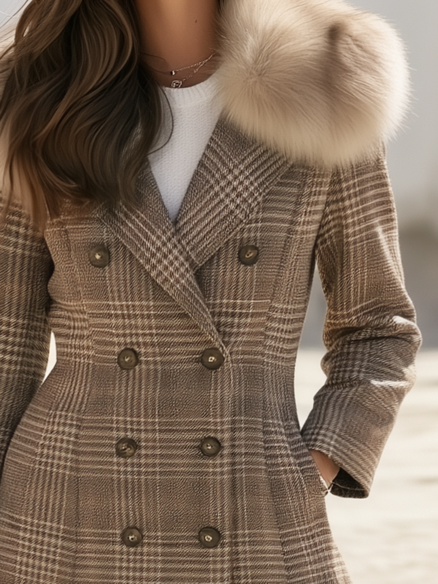 Faux Fur Long Sleeves Glen Plaid Double-Breasted Nipped-Waist Flared Midi Coat