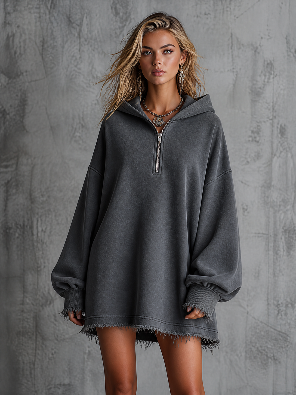 Chic Casual Charcoal Grey Hooded Half Zip Drop Shoulder Long-Sleeve Frayed Hem Loose-Fit French Terry Sweatshirt Mini Dress